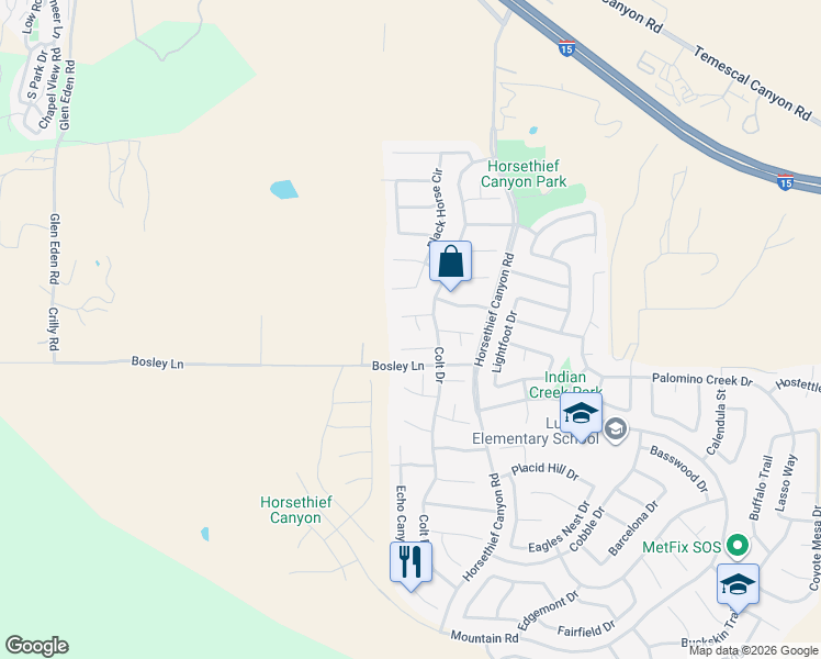 map of restaurants, bars, coffee shops, grocery stores, and more near 26880 Filly Court in Corona