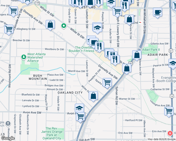 map of restaurants, bars, coffee shops, grocery stores, and more near 956 Lawton Street Southwest in Atlanta