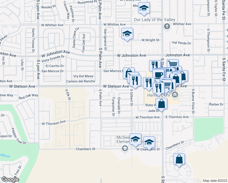 map of restaurants, bars, coffee shops, grocery stores, and more near 1148 Turquoise Street in Hemet
