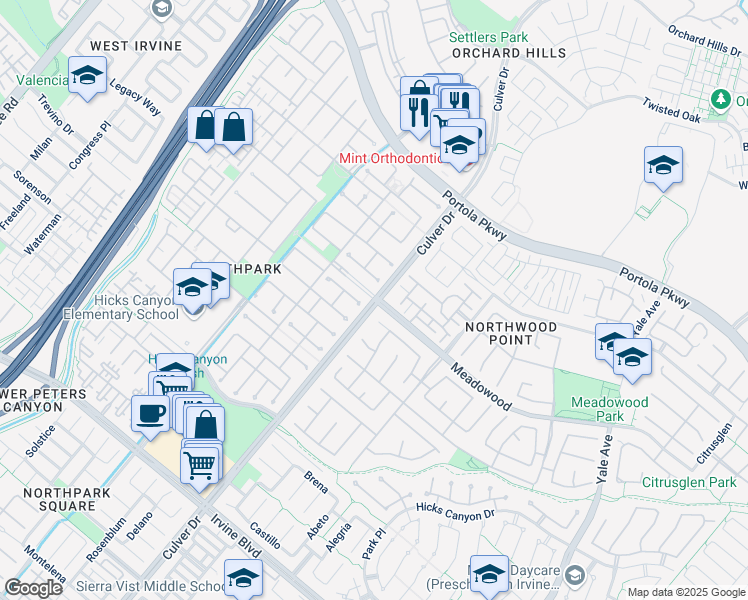map of restaurants, bars, coffee shops, grocery stores, and more near Culver Dr & Meadowood in Irvine