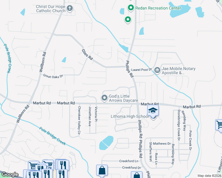 map of restaurants, bars, coffee shops, grocery stores, and more near 1980 Corners Circle in Lithonia