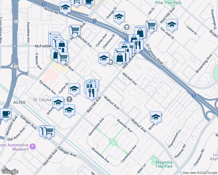 map of restaurants, bars, coffee shops, grocery stores, and more near 14406 Red Hill Avenue in Tustin