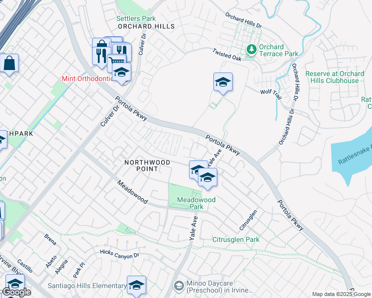 map of restaurants, bars, coffee shops, grocery stores, and more near 418 Timberwood in Irvine