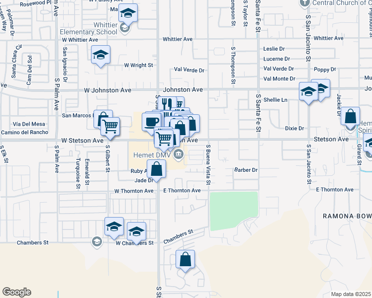 map of restaurants, bars, coffee shops, grocery stores, and more near 380 Magnolia Circle in Hemet