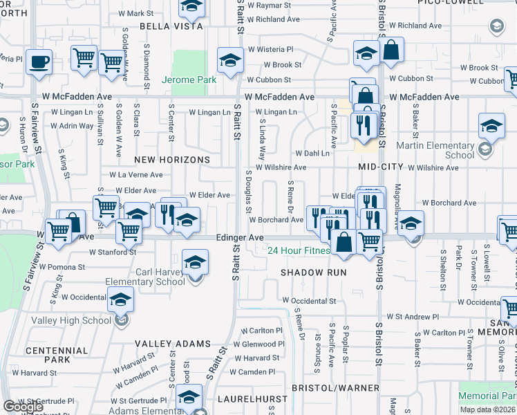 map of restaurants, bars, coffee shops, grocery stores, and more near 1346 South Joane Way in Santa Ana