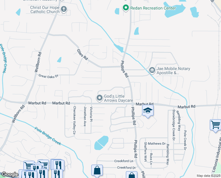 map of restaurants, bars, coffee shops, grocery stores, and more near 1980 Corners Circle in Lithonia