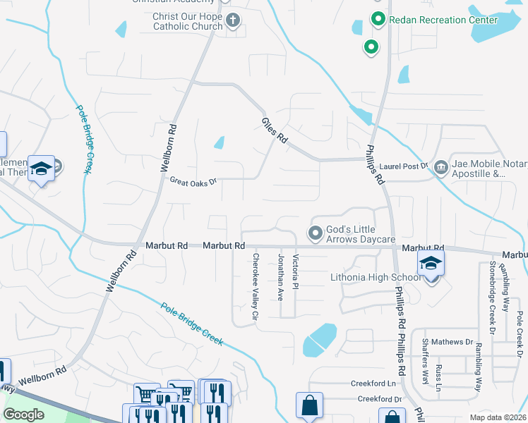 map of restaurants, bars, coffee shops, grocery stores, and more near 2116 Lown Farm Lane in Lithonia