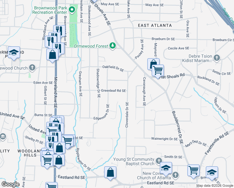 map of restaurants, bars, coffee shops, grocery stores, and more near 1217 Greenleaf Road Southeast in Atlanta
