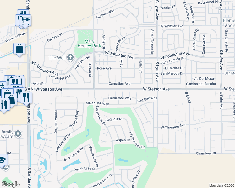 map of restaurants, bars, coffee shops, grocery stores, and more near 1102 Mayten Tree Court in Hemet
