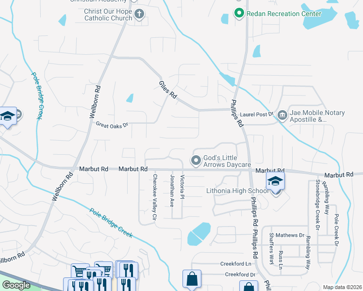 map of restaurants, bars, coffee shops, grocery stores, and more near 2086 Lown Farm Lane in Lithonia