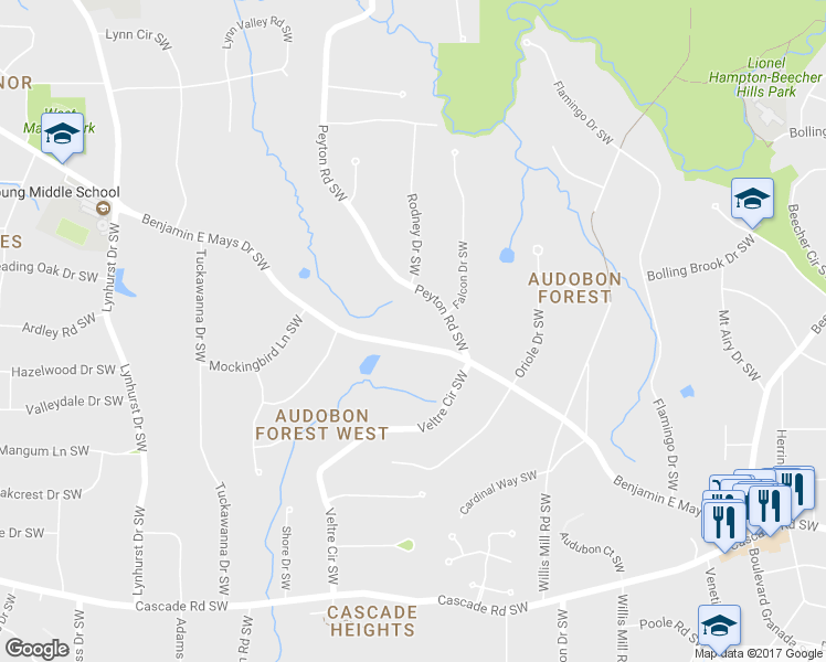 map of restaurants, bars, coffee shops, grocery stores, and more near 2719 Benjamin E Mays Drive Southwest in Atlanta