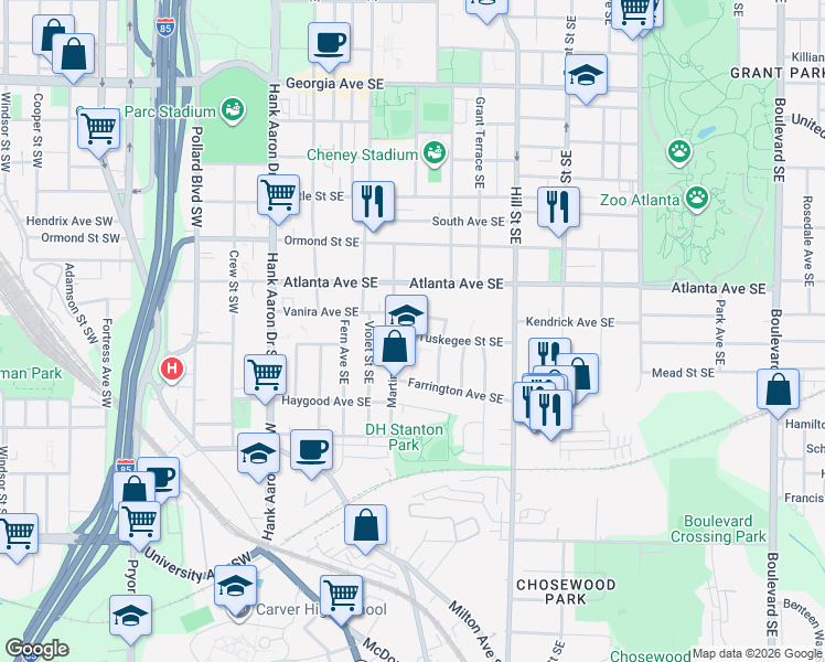 map of restaurants, bars, coffee shops, grocery stores, and more near 166 Tuskegee Street Southeast in Atlanta