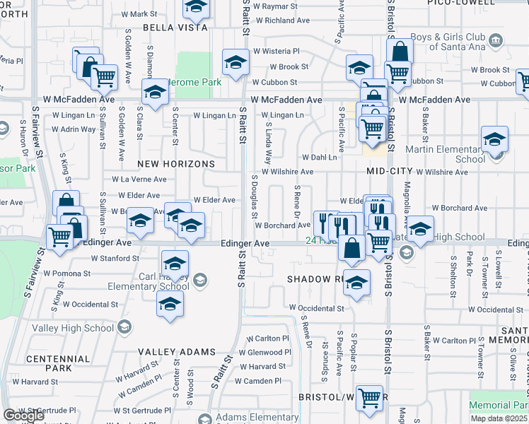 map of restaurants, bars, coffee shops, grocery stores, and more near 1346 South Joane Way in Santa Ana