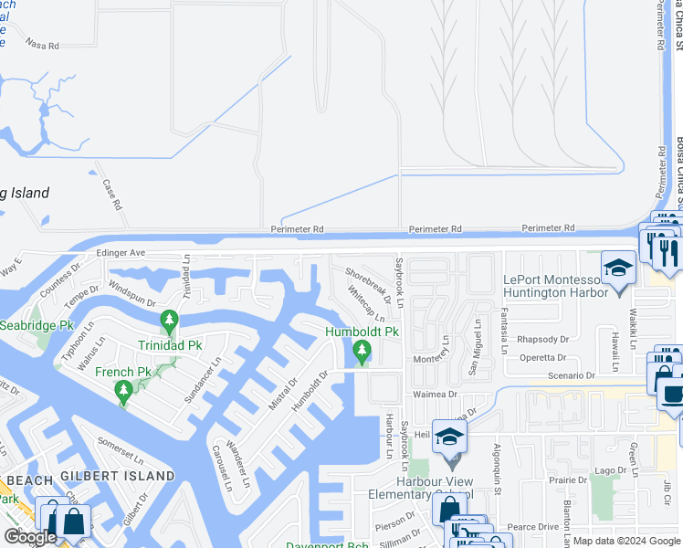 map of restaurants, bars, coffee shops, grocery stores, and more near 4072 Shorebreak Drive in Huntington Beach