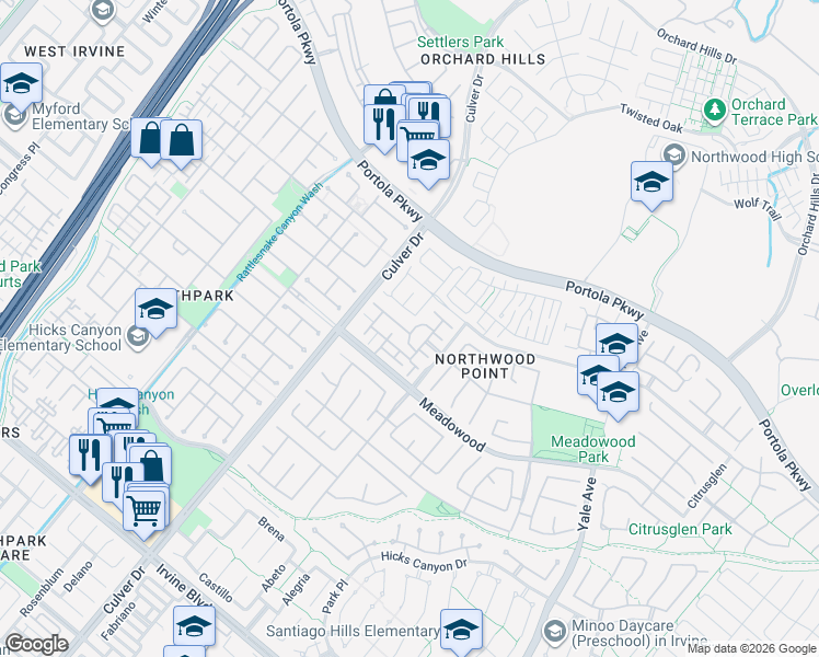 map of restaurants, bars, coffee shops, grocery stores, and more near 983 Somerville in Irvine