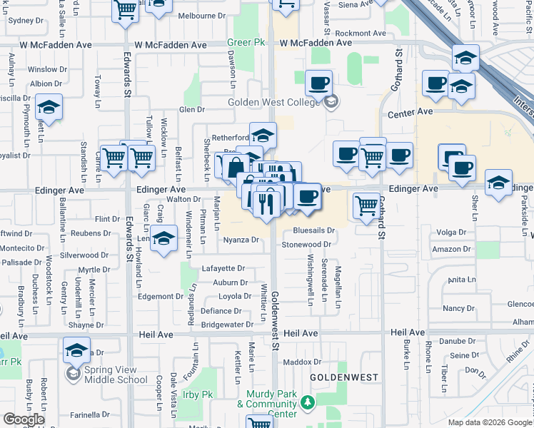 map of restaurants, bars, coffee shops, grocery stores, and more near 16065 Goldenwest Street in Huntington Beach
