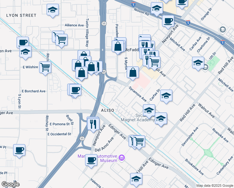 map of restaurants, bars, coffee shops, grocery stores, and more near 17022 Kenyon Drive in Tustin