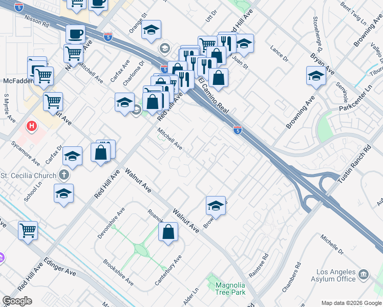 map of restaurants, bars, coffee shops, grocery stores, and more near 1731 Mitchell Avenue in Tustin
