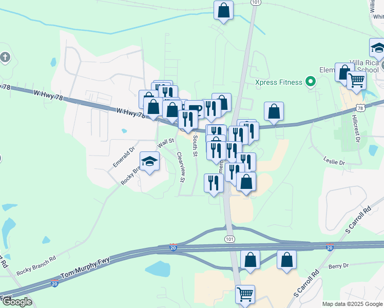 map of restaurants, bars, coffee shops, grocery stores, and more near 619 South Street in Villa Rica