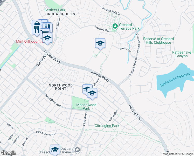 map of restaurants, bars, coffee shops, grocery stores, and more near 1218 Timberwood in Irvine