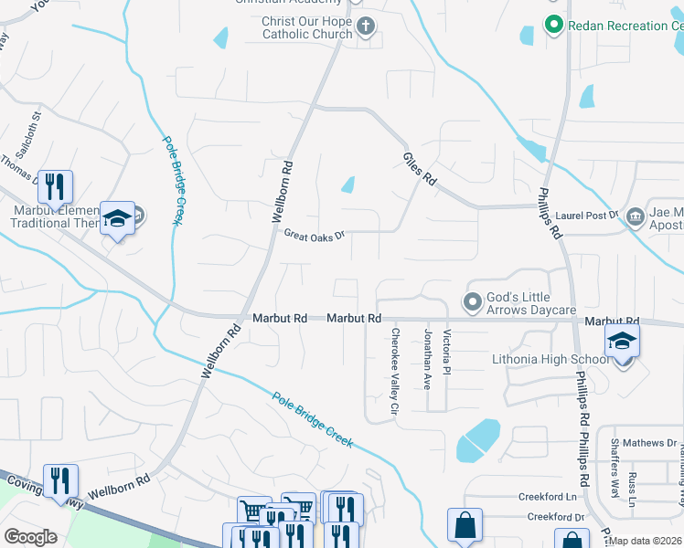 map of restaurants, bars, coffee shops, grocery stores, and more near 2046 Hilda Burns Place in Lithonia