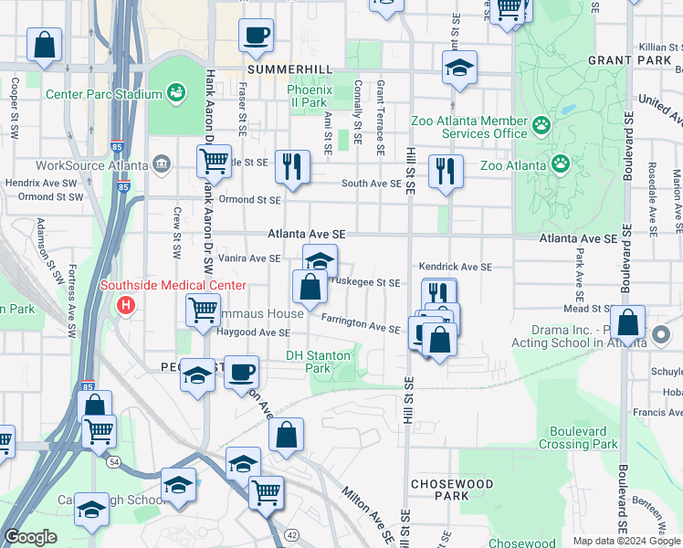 map of restaurants, bars, coffee shops, grocery stores, and more near 186 Tuskegee Street Southeast in Atlanta