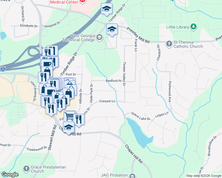 map of restaurants, bars, coffee shops, grocery stores, and more near 4635 Elmherst Drive in Douglasville
