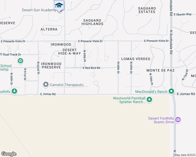 map of restaurants, bars, coffee shops, grocery stores, and more near 6647 Red Bird Circle in Scottsdale