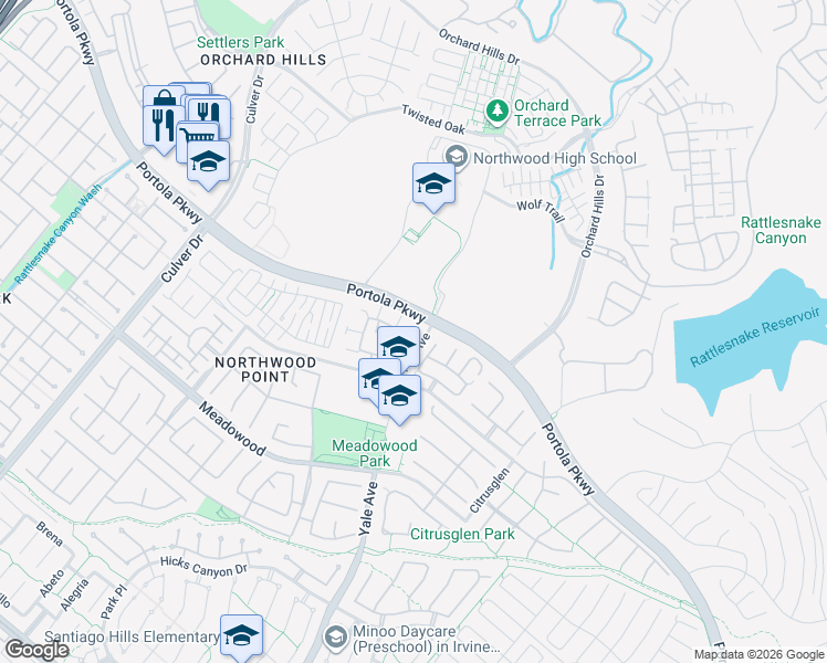map of restaurants, bars, coffee shops, grocery stores, and more near 1218 Timberwood in Irvine