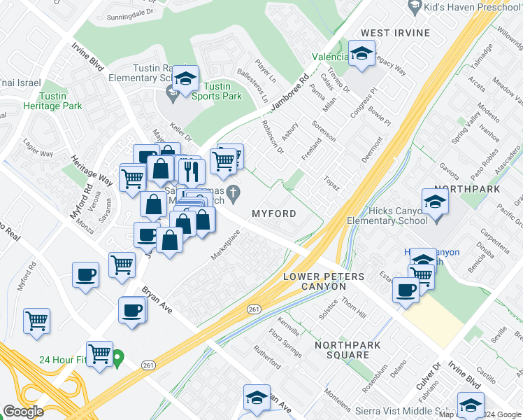 map of restaurants, bars, coffee shops, grocery stores, and more near 10 Marketplace in Irvine
