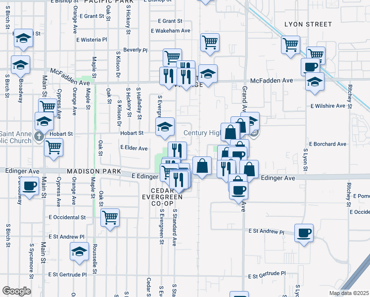 map of restaurants, bars, coffee shops, grocery stores, and more near 1439 South Minnie Street in Santa Ana