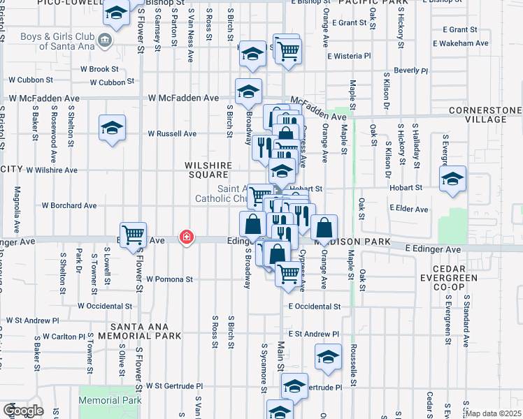 map of restaurants, bars, coffee shops, grocery stores, and more near 109 West Borchard Avenue in Santa Ana