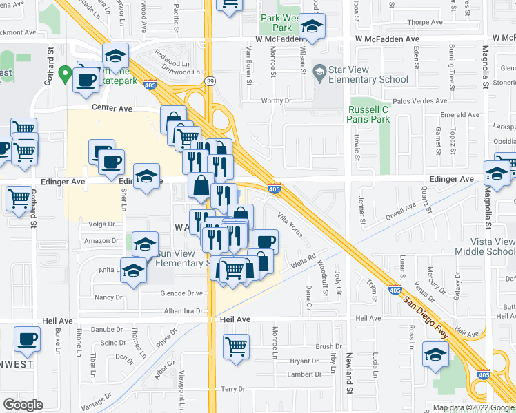 map of restaurants, bars, coffee shops, grocery stores, and more near 16081 Malaga Lane in Huntington Beach