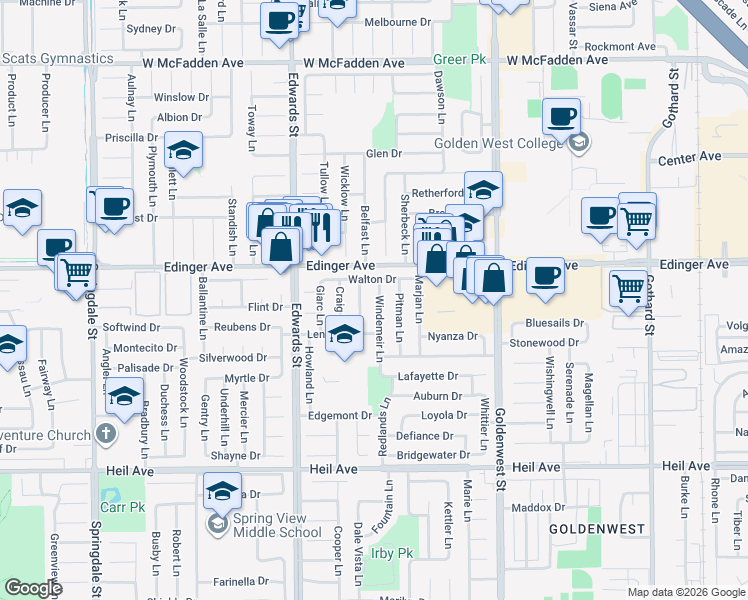 map of restaurants, bars, coffee shops, grocery stores, and more near 16062 Tellim Lane in Huntington Beach