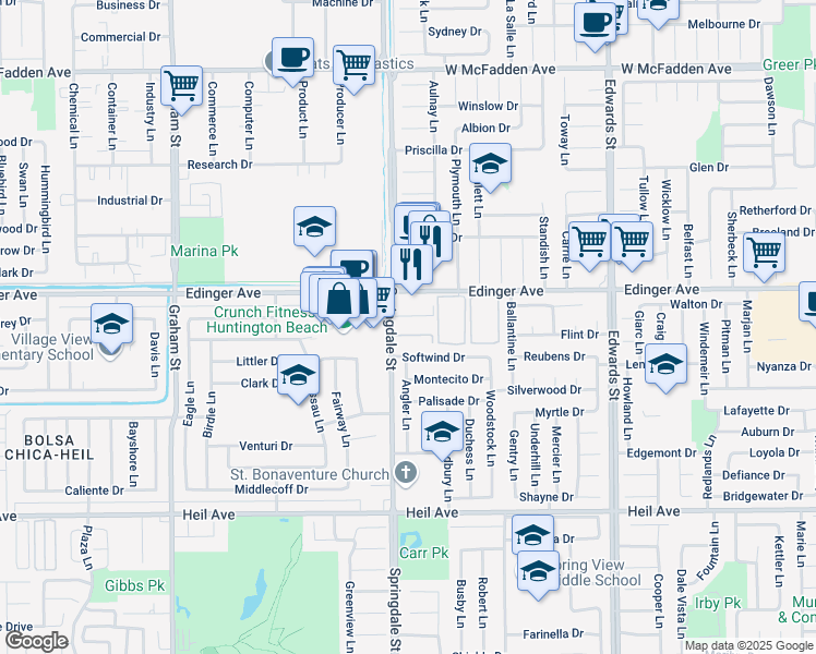 map of restaurants, bars, coffee shops, grocery stores, and more near 16072 Springdale Street in Huntington Beach