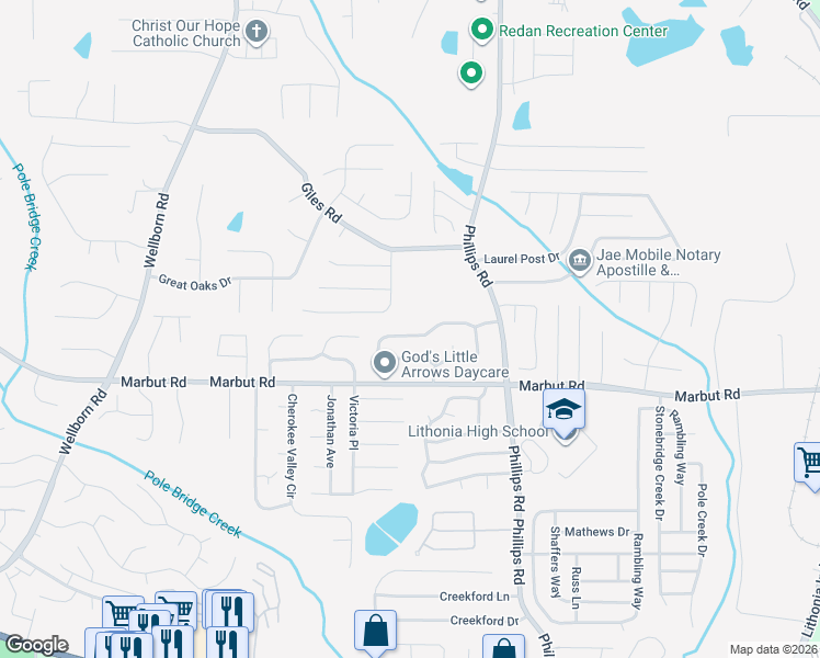map of restaurants, bars, coffee shops, grocery stores, and more near 1980 Corners Circle in Lithonia