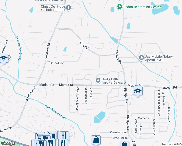 map of restaurants, bars, coffee shops, grocery stores, and more near 2086 Lown Farm Lane in Lithonia