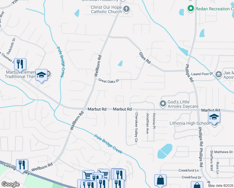 map of restaurants, bars, coffee shops, grocery stores, and more near 2046 Hilda Burns Place in Lithonia