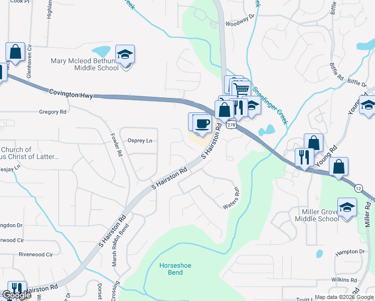 map of restaurants, bars, coffee shops, grocery stores, and more near 2065 Resting Creek Drive in Decatur