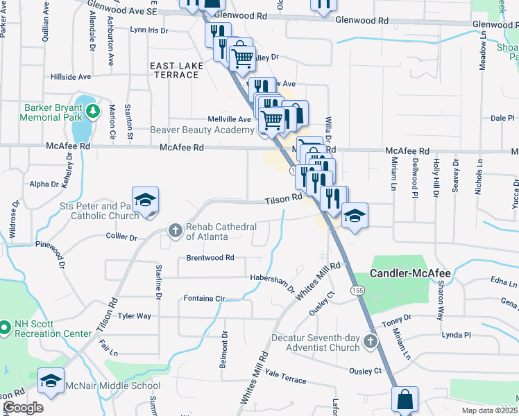 map of restaurants, bars, coffee shops, grocery stores, and more near 2719 Tilson Road in Decatur