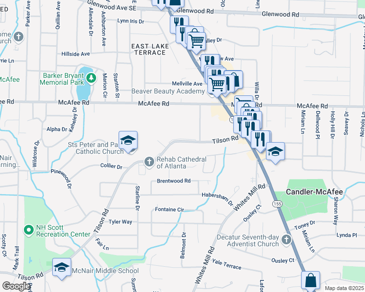 map of restaurants, bars, coffee shops, grocery stores, and more near 2677 Tilson Road in Decatur
