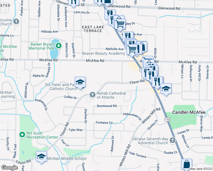 map of restaurants, bars, coffee shops, grocery stores, and more near 2653 Tilson Road in Decatur