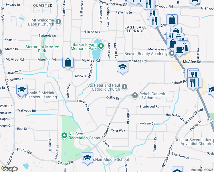 map of restaurants, bars, coffee shops, grocery stores, and more near 2371 Cresta Drive in Decatur