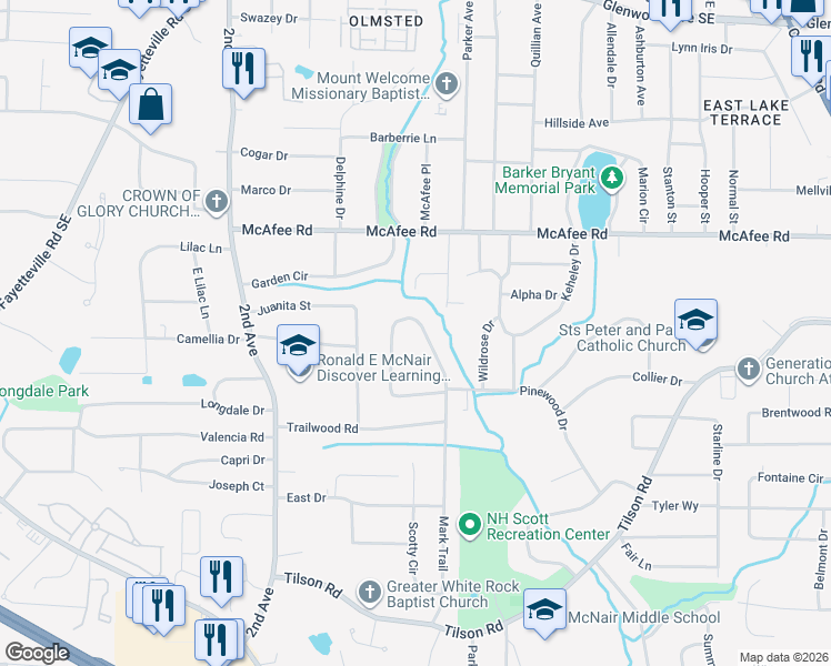 map of restaurants, bars, coffee shops, grocery stores, and more near 2103 Mark Trail in Decatur
