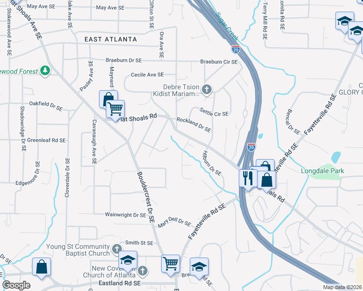 map of restaurants, bars, coffee shops, grocery stores, and more near 1019 Leah Lane Southeast in Atlanta