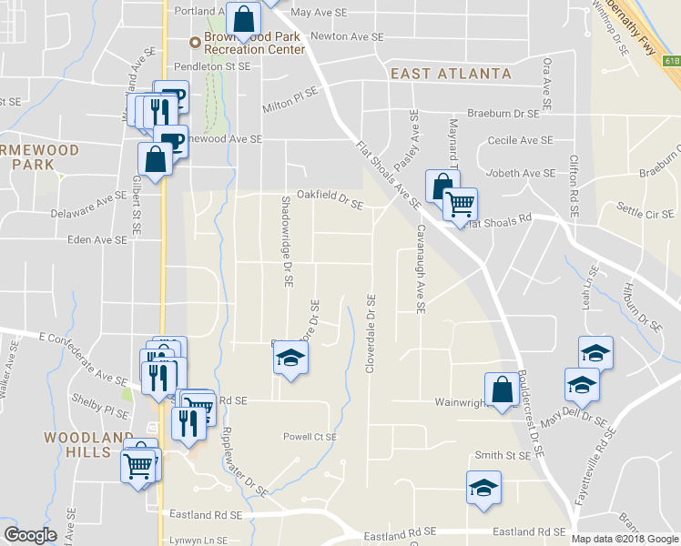 map of restaurants, bars, coffee shops, grocery stores, and more near 1205 Greenleaf Road Southeast in Atlanta