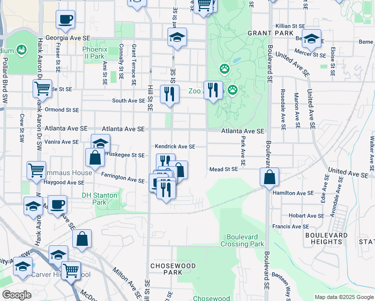 map of restaurants, bars, coffee shops, grocery stores, and more near 371 Kendrick Avenue Southeast in Atlanta