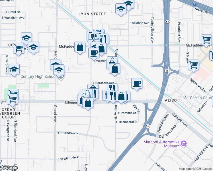 map of restaurants, bars, coffee shops, grocery stores, and more near 1800 E Borchard Ave in Santa Ana