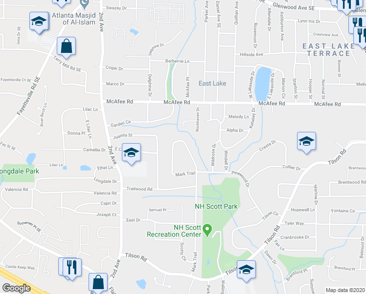 map of restaurants, bars, coffee shops, grocery stores, and more near 2103 Mark Trail in Decatur