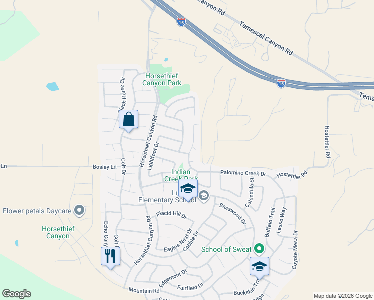 map of restaurants, bars, coffee shops, grocery stores, and more near 26927 Eagle Run Street in Corona